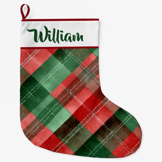Personalized Red & Green Plaid Christmas Stocking  Grote Kerstsok (Voorkant)