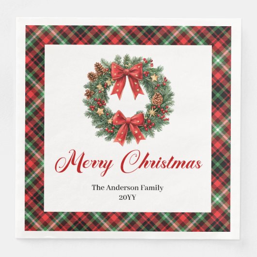 Personalized Red Green Plaid Christmas Wreath Servet (Voorkant)