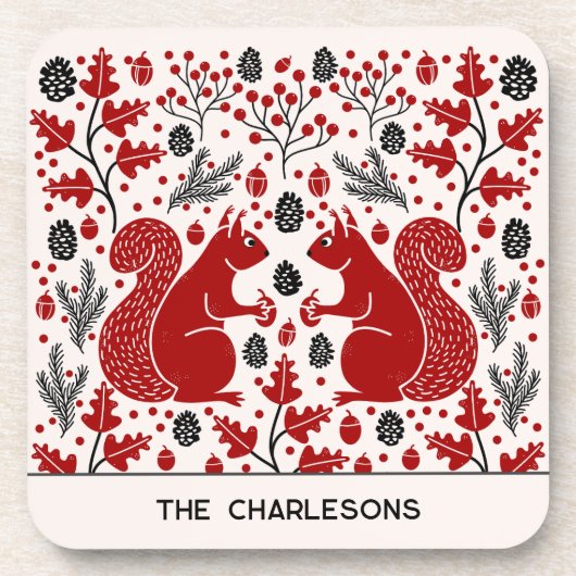 Personalized Red Squirrels in the Forest Bier Onderzetter (Voorkant)