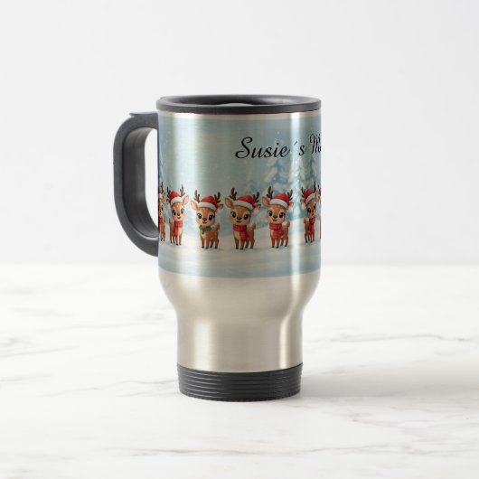 Personalized Reindeer Travel Mug, Custom Name, Chr Reisbeker (Voorkant links)