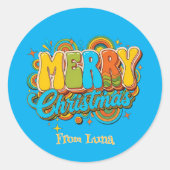 Personalized Retro Christmas Groovy Name  Ronde Sticker (Voorkant)