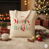 Personalized Retro Merry and Bright Christmas Tote Bag