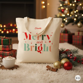 Personalized Retro Merry and Bright Christmas Tote Bag