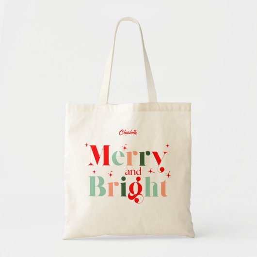 Personalized Retro Merry and Bright Christmas Tote Bag (Voorkant)
