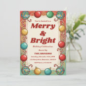 Personalized Retro Merry & Bright Holiday Party Kaart (Staand voorkant)