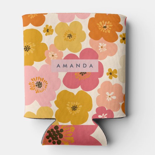 Personalized Retro Mustard and Pink Floral Blooms Blikjeskoeler (Achterkant)