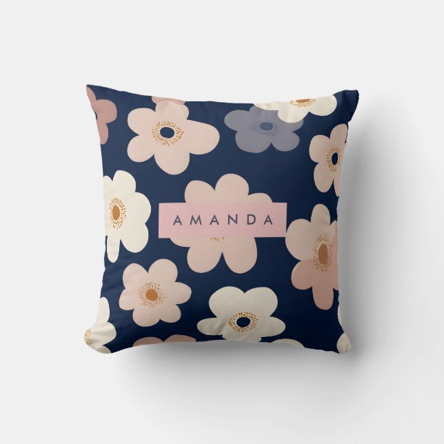 Personalized Retro Navy Blue Floral Blooms Kussen (Voorkant)