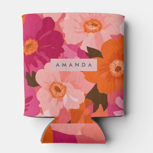 Personalized Retro Pink and Orange Floral Blikjeskoeler (Achterkant)