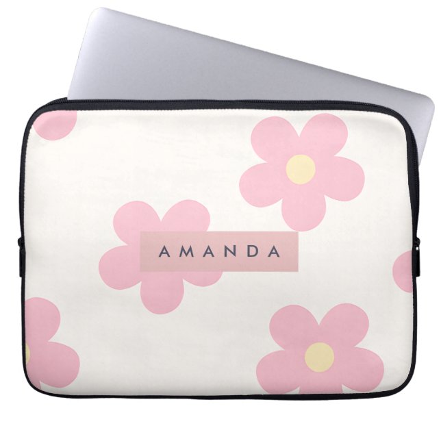 Personalized Retro Pink Daisy Flower Laptop Sleeve (Voorkant)