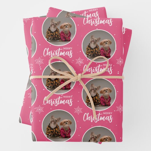 Personalized Retro Pink Merry Christmas 1 Photo Inpakpapier Vel (In situ)