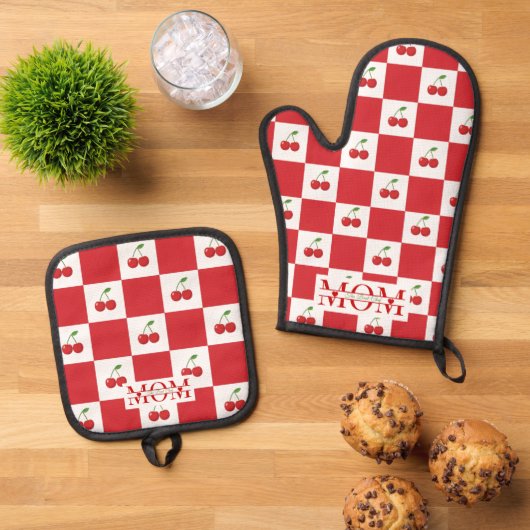 Personalized Retro Red Cherry & Gingham Checkered  Ovenwant & Pannenlap Set (Top down)