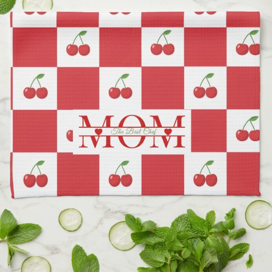 Personalized Retro Red Cherry & Gingham Checkered  Theedoek (Gevouwen)