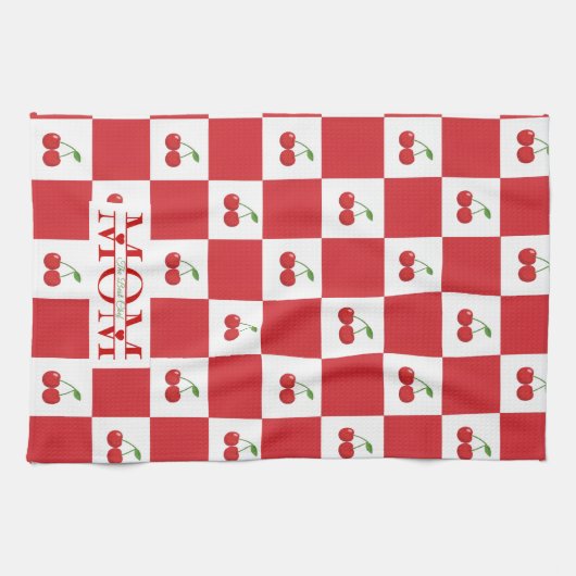 Personalized Retro Red Cherry & Gingham Checkered  Theedoek (Horizontaal)