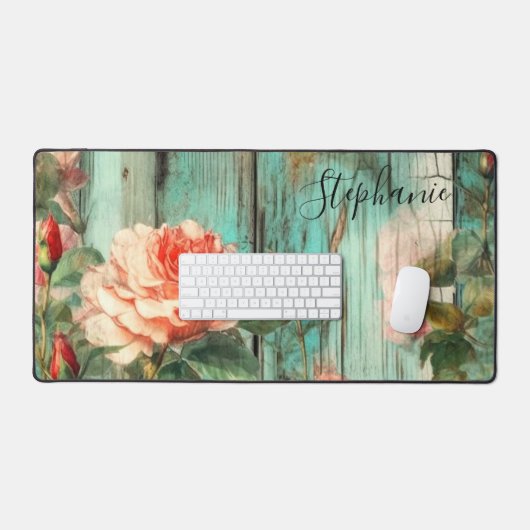 Personalized Rose and Turquoise Rustic Bureaumat (Keyboard & Muis)