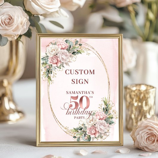 Personalized Rose Gold Botanical 50th Birthday   Poster