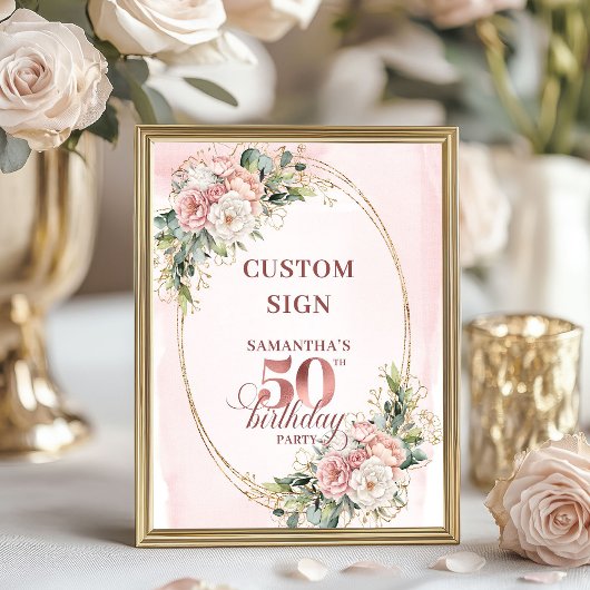 Personalized Rose Gold Floral 50th Birthday Custom Poster