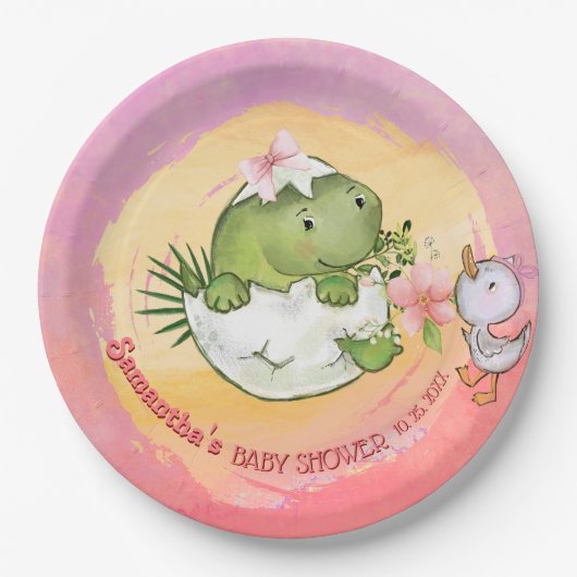 Personalized Round Dino & Duckling Baby Shower  Papieren Bordje (Voorkant)