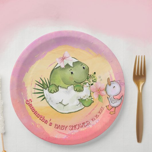 Personalized Round Dino & Duckling Baby Shower  Papieren Bordje