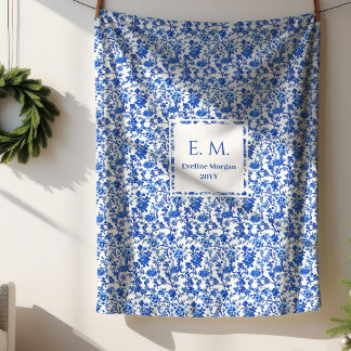 Personalized Royal Blue Floral Toile Cozy Blanket Sherpa Deken