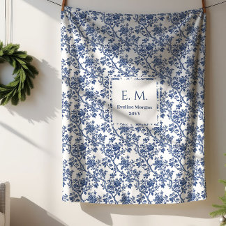 Personalized Royal Blue Toile Blanket Gift 4 Wife Sherpa Deken
