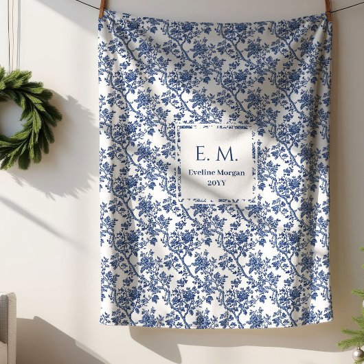 Personalized Royal Blue Toile Blanket Gift 4 Wife Sherpa Deken