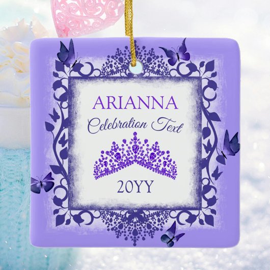 Personalized Royal Purple Tiara & Butterflies Keramisch Ornament