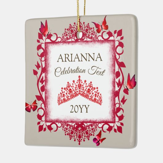 Personalized Ruby Red Tiara & Butterflies Keramisch Ornament (Links)