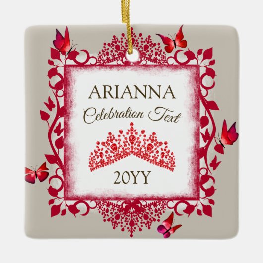 Personalized Ruby Red Tiara & Butterflies Keramisch Ornament (Voorkant)