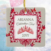 Personalized Ruby Red Tiara & Butterflies Keramisch Ornament