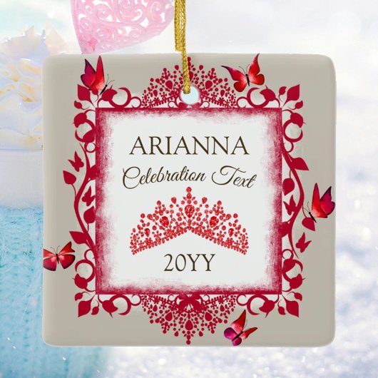 Personalized Ruby Red Tiara & Butterflies Keramisch Ornament