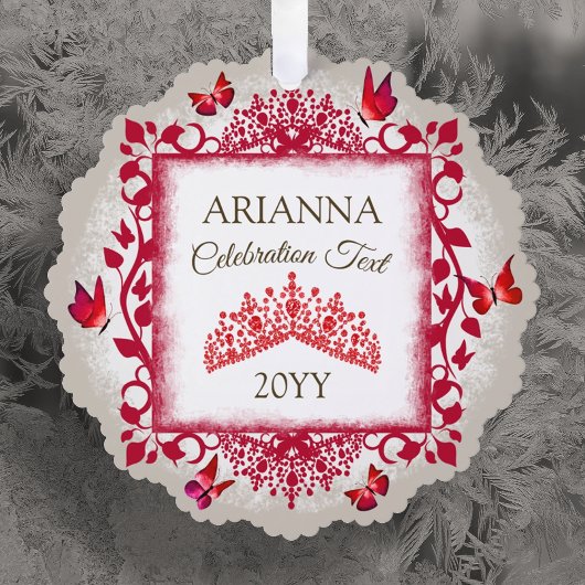 Personalized Ruby Red Tiara & Butterflies Ornament Kaart