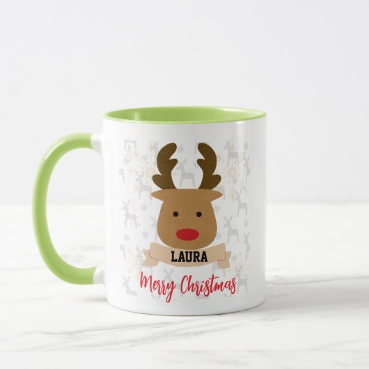 Personalized Rudolph Reindeer Red-Handle Christmas Mok (Links)