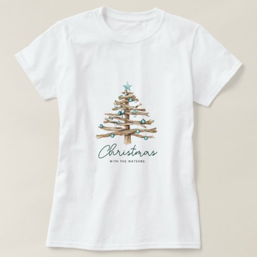 Personalized Rustic Christmas Tree with Ornaments T-shirt (Design voorkant)