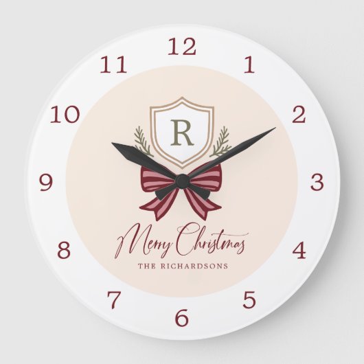 Personalized Rustic Monogram Crest Bow Christmas Grote Klok (Voorkant)