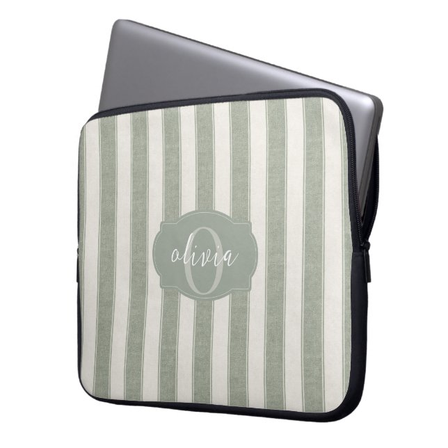 Personalized Rustic Sage Green Srtiped Laptop Sleeve (Voorkant Links)