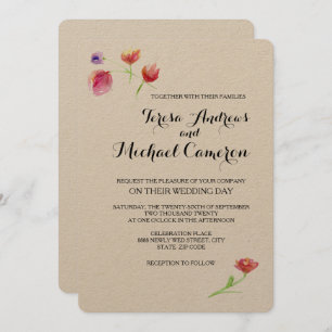 Personalized, Rustic, Watercolor flower, Wedding Kaart