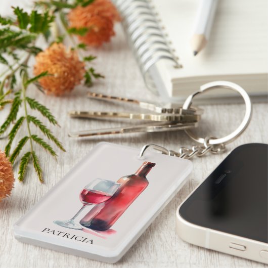 Personalized Rustic Watercolor Red Wine Glass Sleutelhanger (Voorkant Rechts)