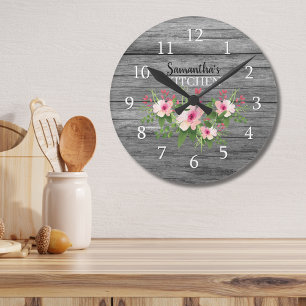 Personalized Rustic Wood And Pink Floral Kitchen Ronde Klok
