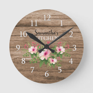 Personalized Rustic Wood And Pink Floral Kitchen Ronde Klok