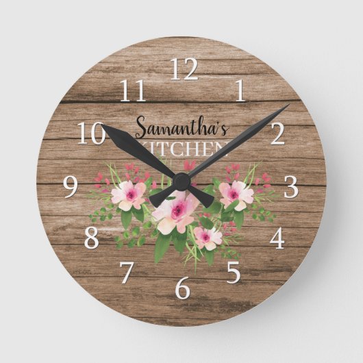 Personalized Rustic Wood And Pink Floral Kitchen Ronde Klok (Voorkant)