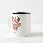 Personalized Sad Reindeer Mug – Custom Name Gift Tweekleurige Koffiemok (Voorkant links)