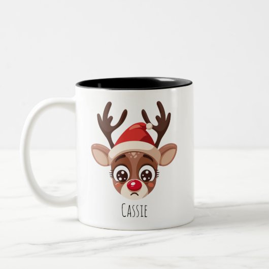 Personalized Sad Reindeer Mug – Custom Name Gift Tweekleurige Koffiemok (Links)