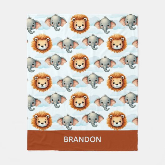 Personalized Safari Animal Pastel Lion Elephant Fleece Deken (Voorkant)