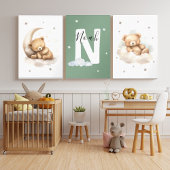 Personalized Sage Green Bear Nursery Decor Muurkunst Sets