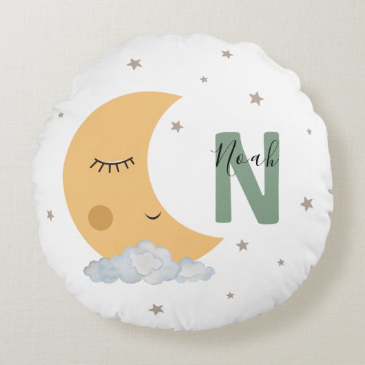 Personalized Sage Green Moon Nursery Throw Pillow Rond Kussen (Voorkant)