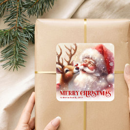 Personalized Santa and Rudolph Cute Christmas Kids Vierkante Sticker