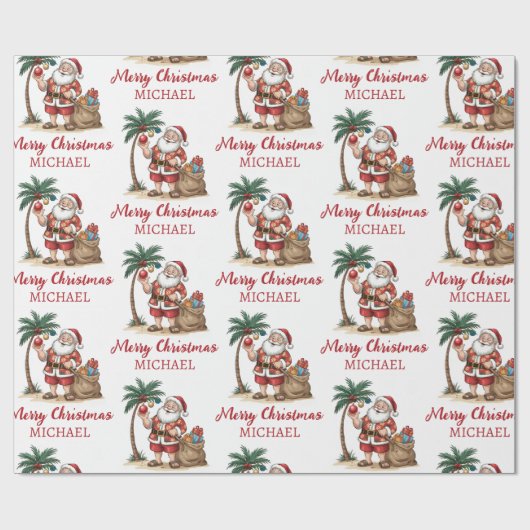 Personalized Santa Beach Tropical Hawaiian Palm    Cadeaupapier (Vlak)