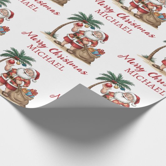 Personalized Santa Beach Tropical Hawaiian Palm Cadeaupapier (Hoek)