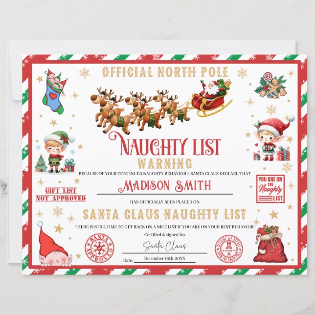 Personalized Santa Naughty List Warning Certificat (Voorkant)