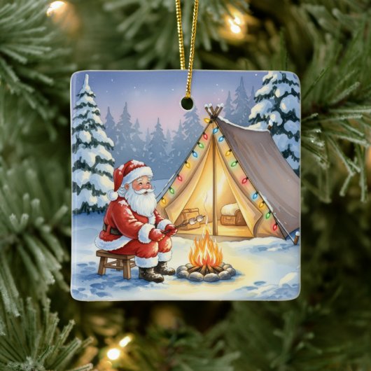 Personalized Santa Winter Camping Christmas Keramisch Ornament (Boom)